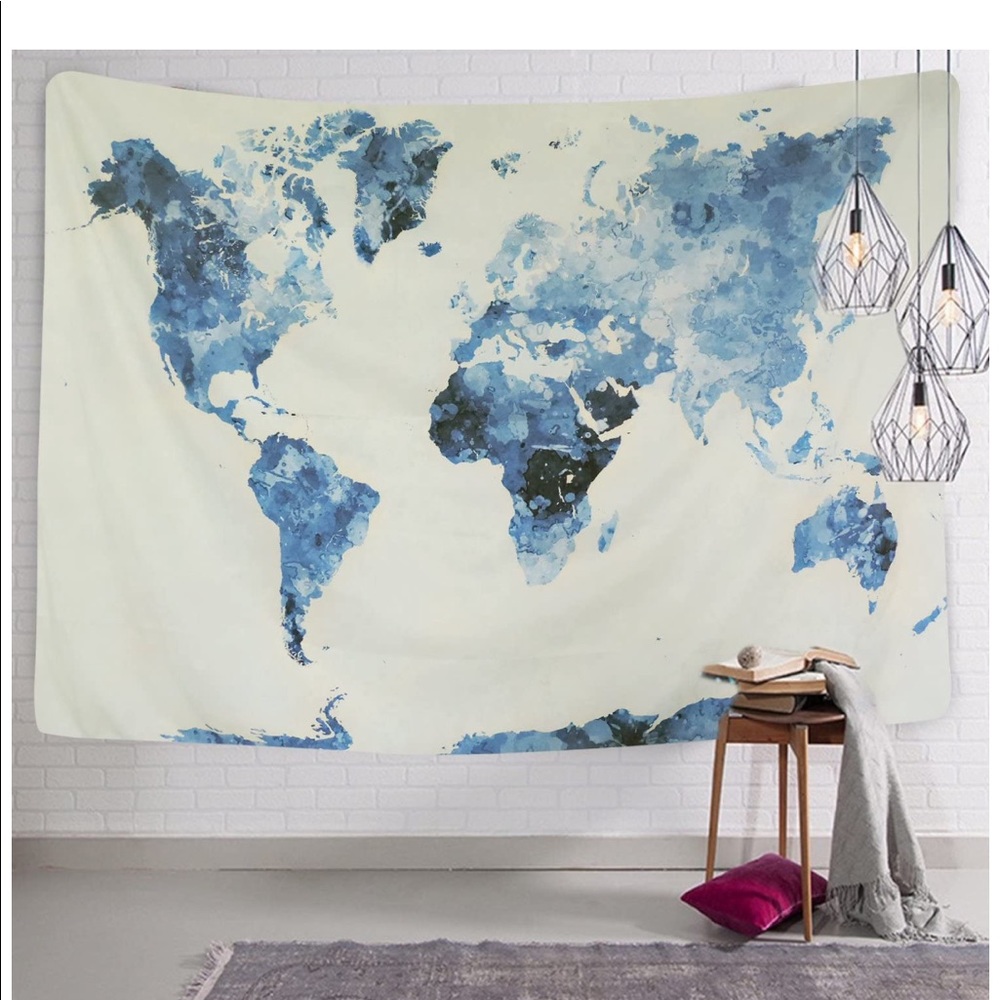 Blue map tapestry